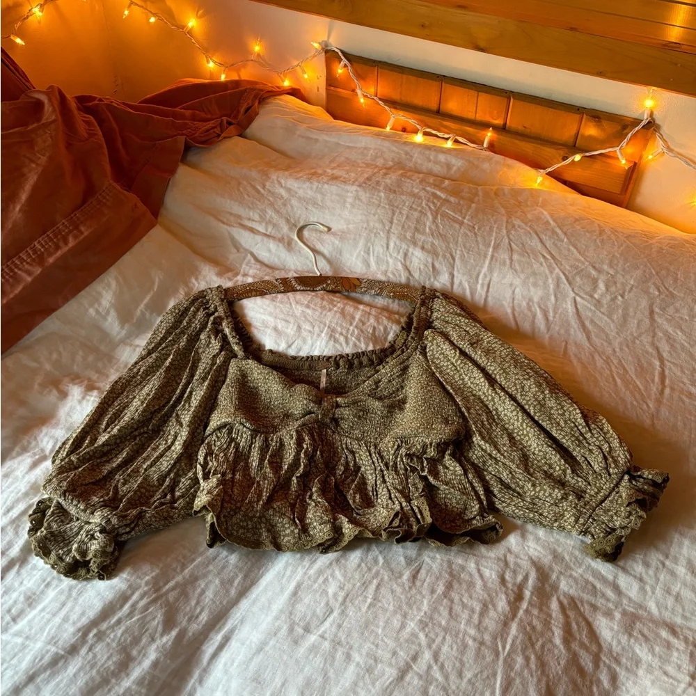 Free People Olive Green Smocked Peasant Blouse